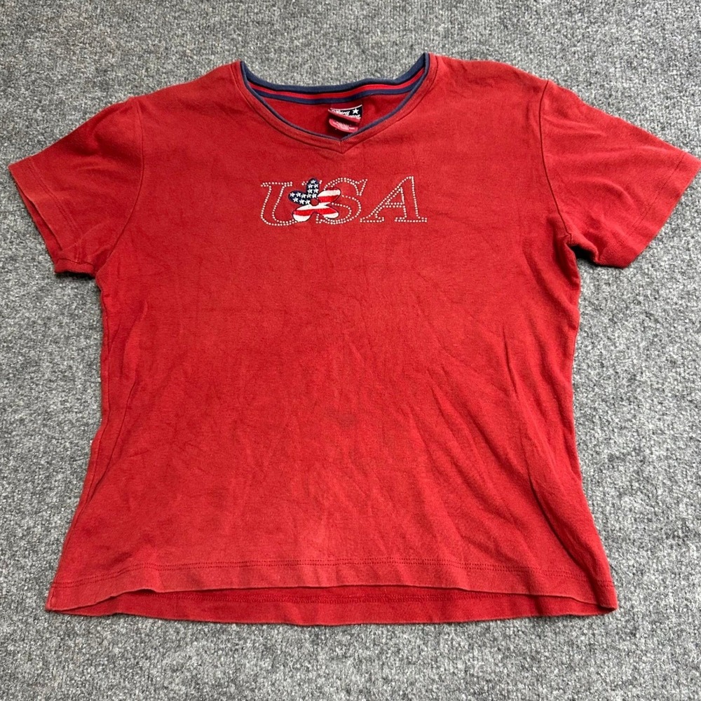 Spirit of America T-Shirt Womens Size M Red USA Graphic Cotton V-Neck Made USA